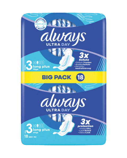 Always Binden Ultra Day Long Plus Groesse 3, mit Fluegeln, 18 Stueck